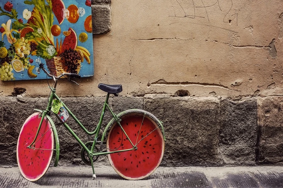 A customized bike parked near the wall