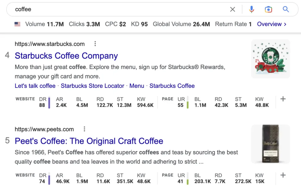 Google SERP für Kaffee