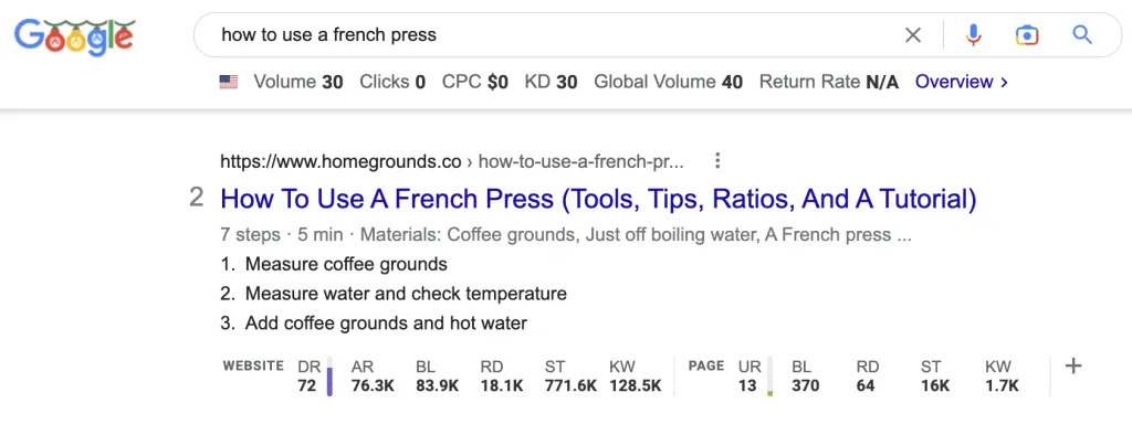 Google SERP pour savoir comment utiliser une presse française