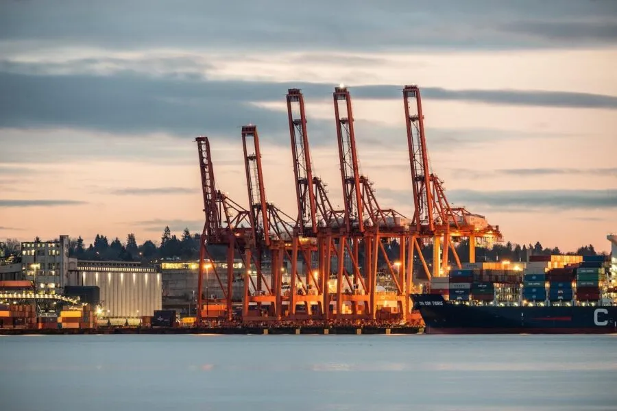 Long shot of port during sunset