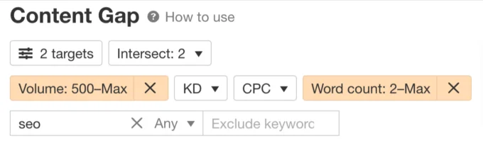 Setting filters in Content Gap report