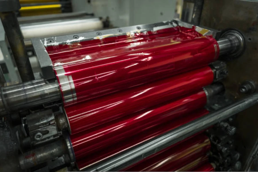 Magenta ink in the paint compartment of a flexographic printer