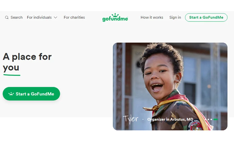 ビジネスのための資金調達方法を学べる GoFundMe のホームページの画像