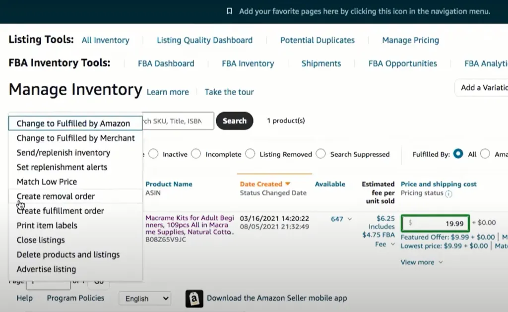 Creating a removal order on Amazon