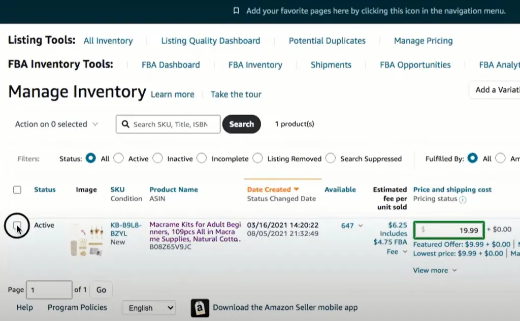 Página de planificación de inventario en Amazon seller central