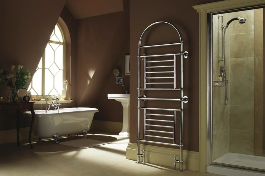 A satin nickel towel rack in a washroom