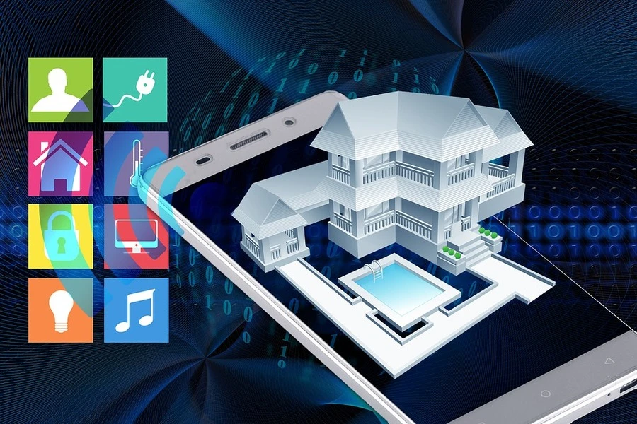 Uma ilustração de um smartphone exibindo uma casa em 3D com vários recursos de casa inteligente no lado esquerdo da imagem