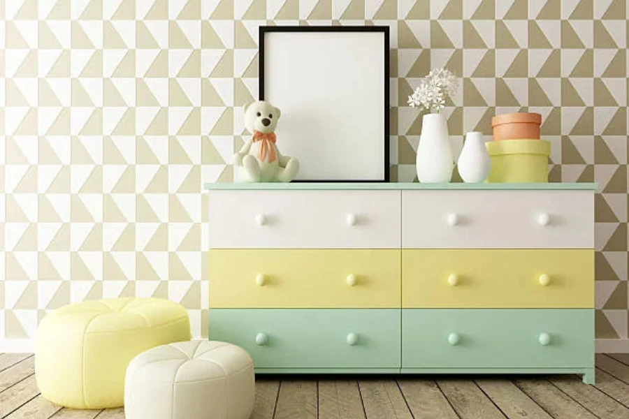 Multi-colored kids dresser with matching accessories on top