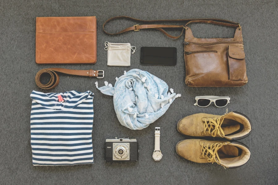 Different accessories neatly laid out on the floor