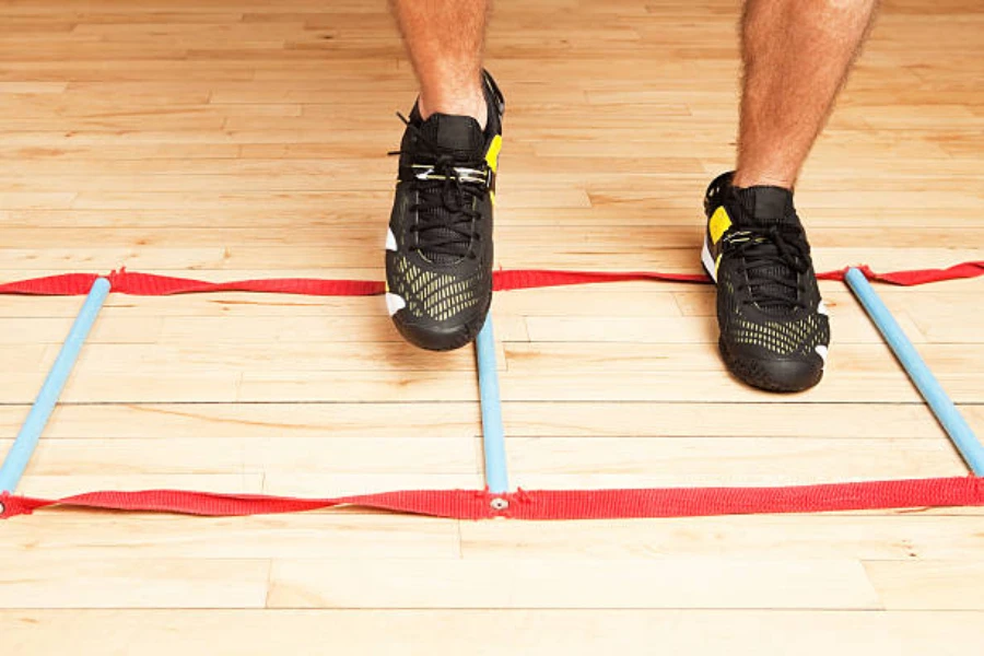 Blue and red agility ladder with person using it