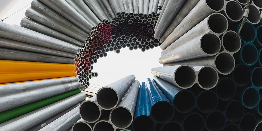 Stacks of steel tubes in a variety of colors