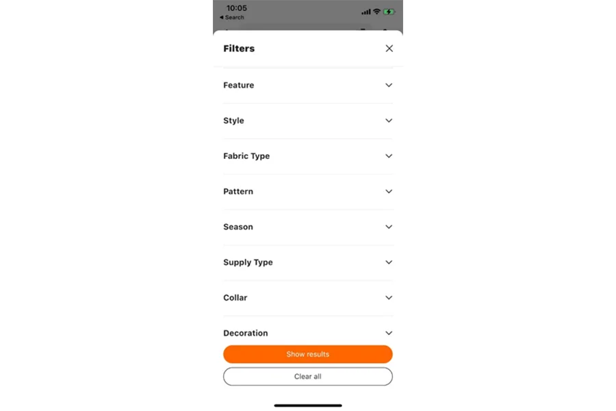 Filter options on Alibaba.com’s mobile interface
