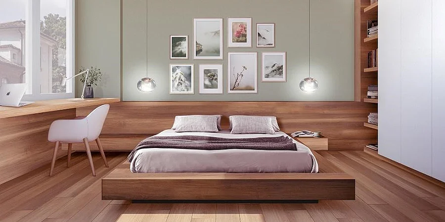 Wooden platform bed with built-in nightstand