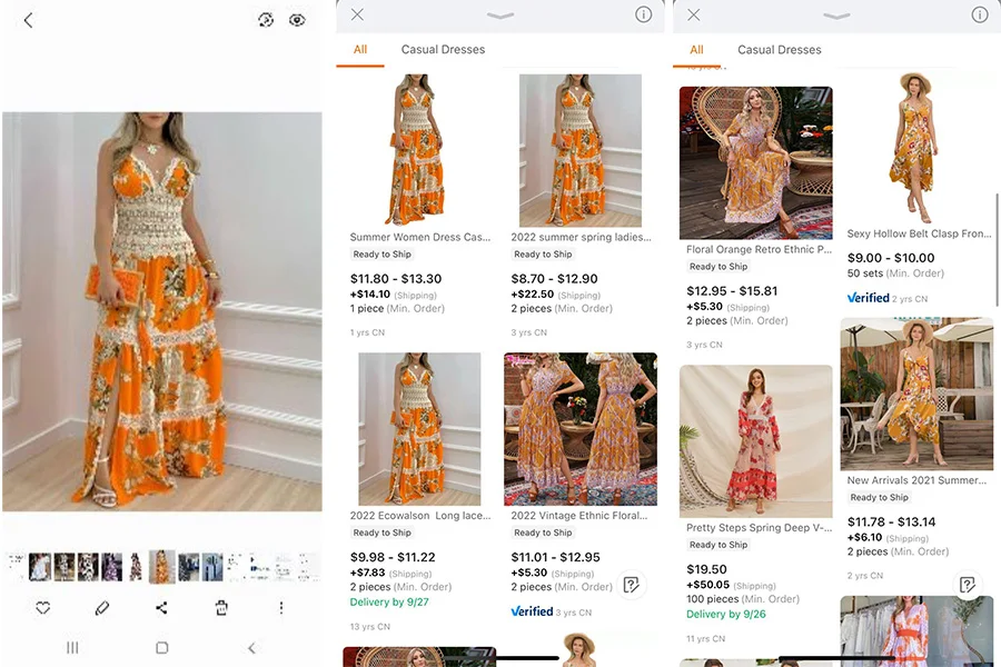 Captura de tela de produtos semelhantes ao vestido laranja feminino