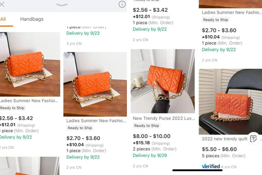 Screenshot showcasing similar products to the orange handbag