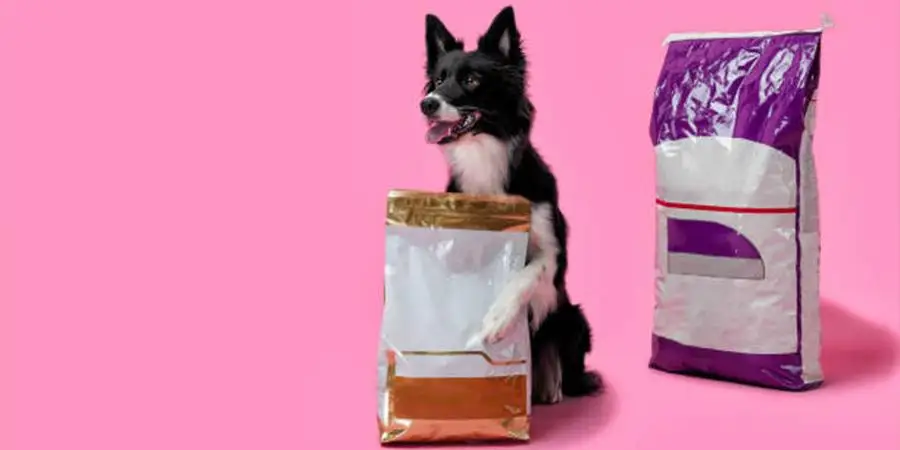 Dog with two bags of dog food against pink backdrop