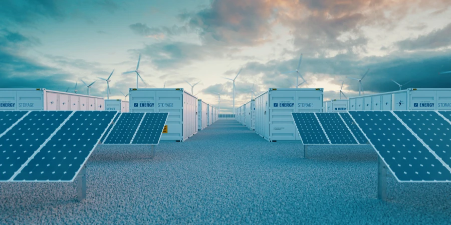 Battery storage power plants along with solar and wind turbine power plants