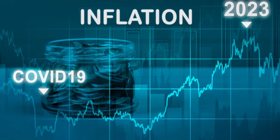 Inflation on dark blue background. economic crisis caused by covid19 pandemic. hyperinflation 2023 on dark blue background. decreasing purchasing power