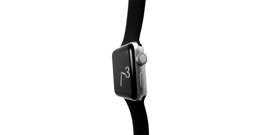 A black smartwatch on a white background