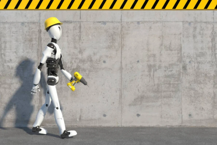 A humanoid robot builder with a construction helmet and drill