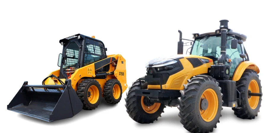 a skid steer with front loader, and large tractor