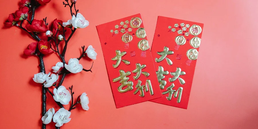 Sobres chinos contra un prunus floreciente decorativo
