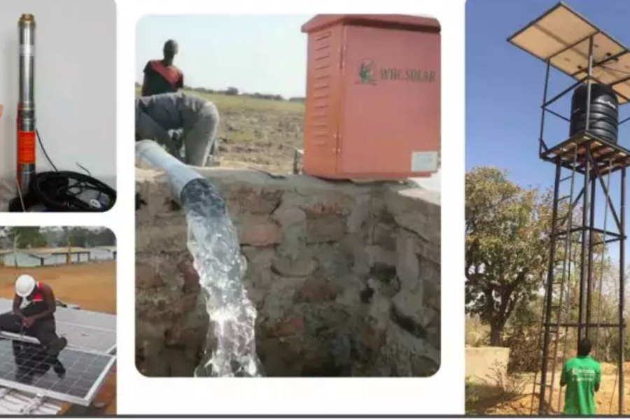collage of a solar water pump setup