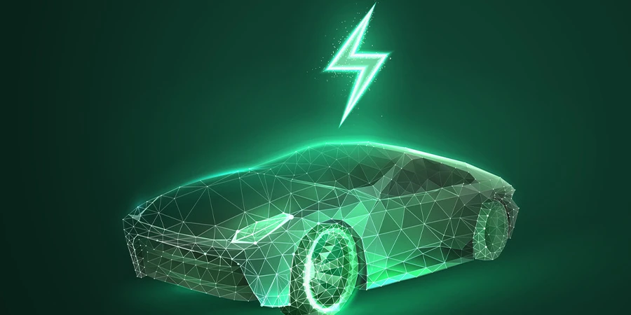 Electric car in digital futuristic style. Eco green energy for vehicles with light effect