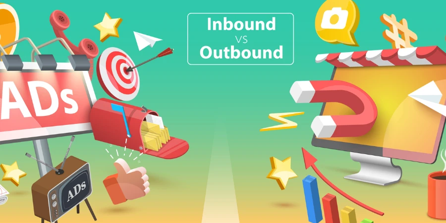 3D Isometric Flat Vector Conceptual Illustration of Inbound vs Outbound Marketing