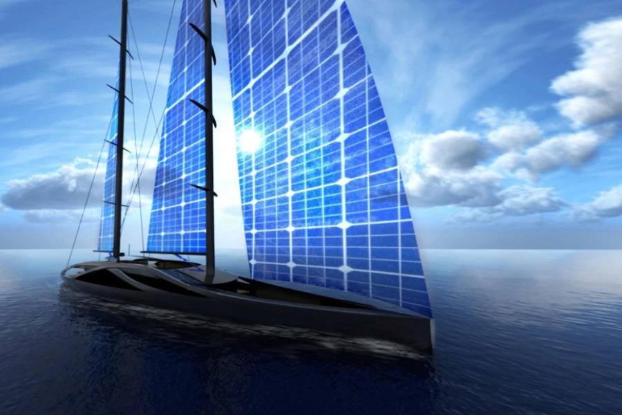 A concept yacht with flexible solar panel sails