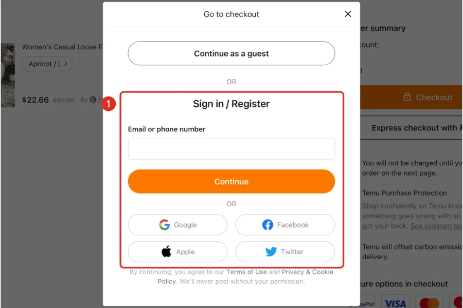 Una finestra pop-up su Temu che chiede agli utenti di accedere o registrarsi