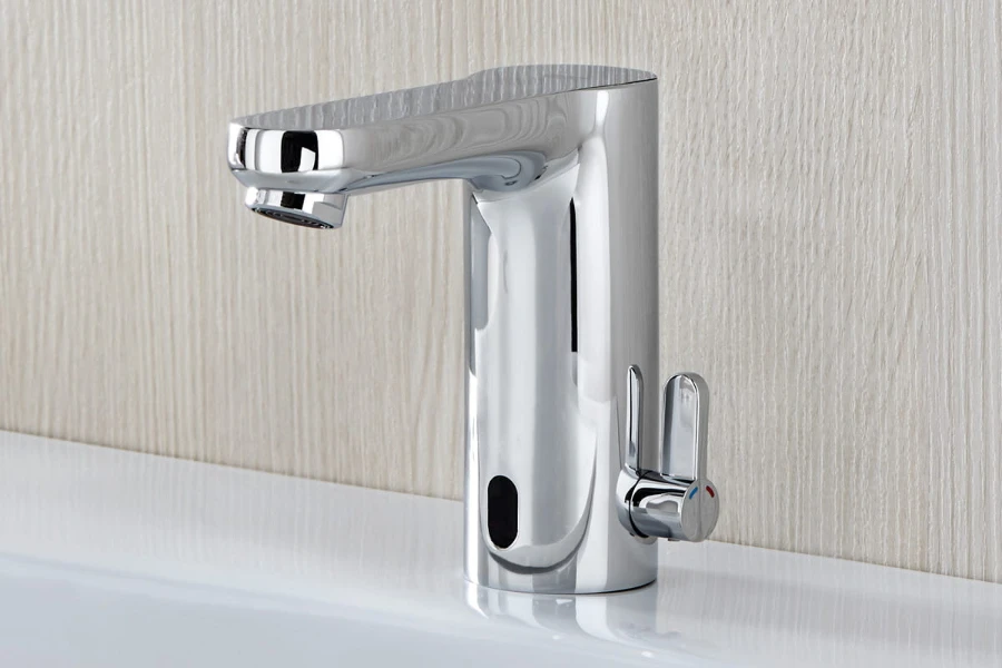 A stainless steel touchless kitchen faucet with sensors