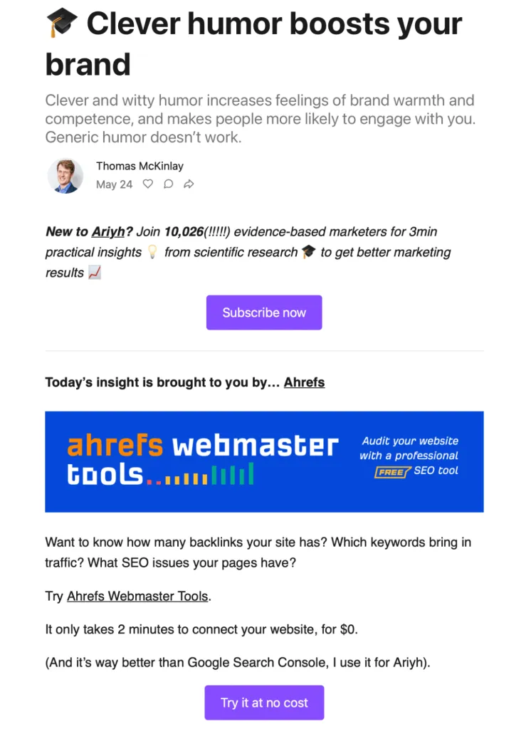 Ahrefs sponsorship of the Ariyh newsletter