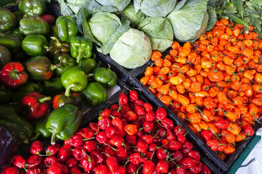 Assorted fruit and vegetable store displays