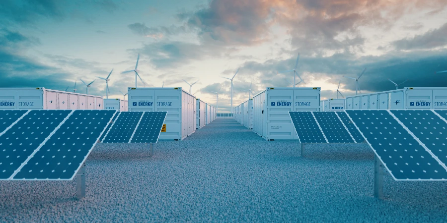 Battery storage power station accompanied by solar and wind turbine power plants