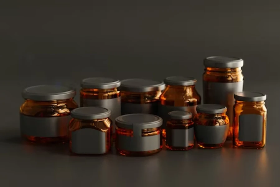 Brown glass jars with black lids