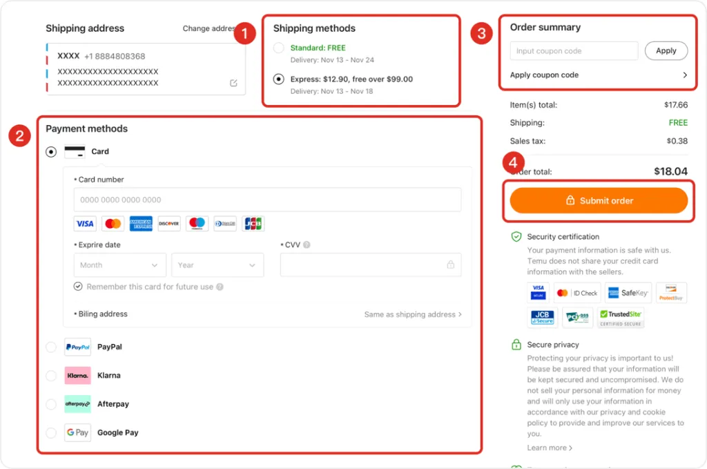 Choosing the shipping and payment method on Temu