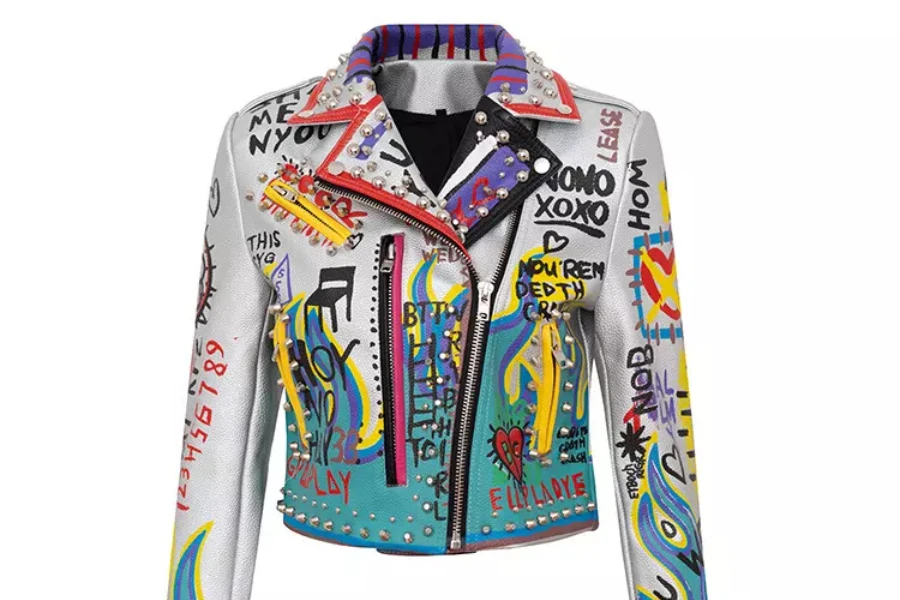Colorful white biker jacket with writing and patterns on it