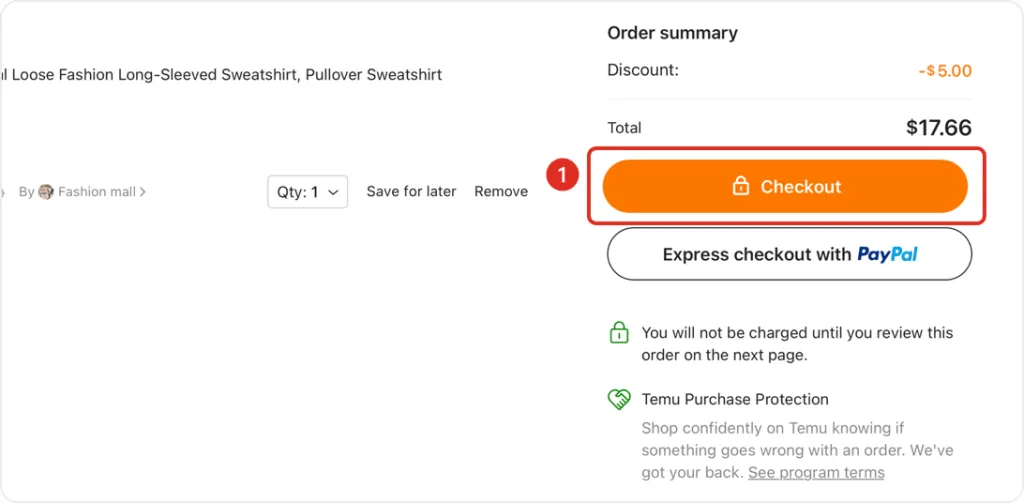 Confirming the order on Temu by clicking on the checkout button