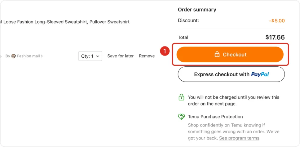 Confirmation de la commande sur Temu en cliquant sur le bouton de paiement