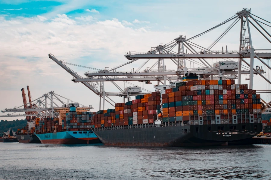 Porte-conteneurs chargés de marchandises dans un port