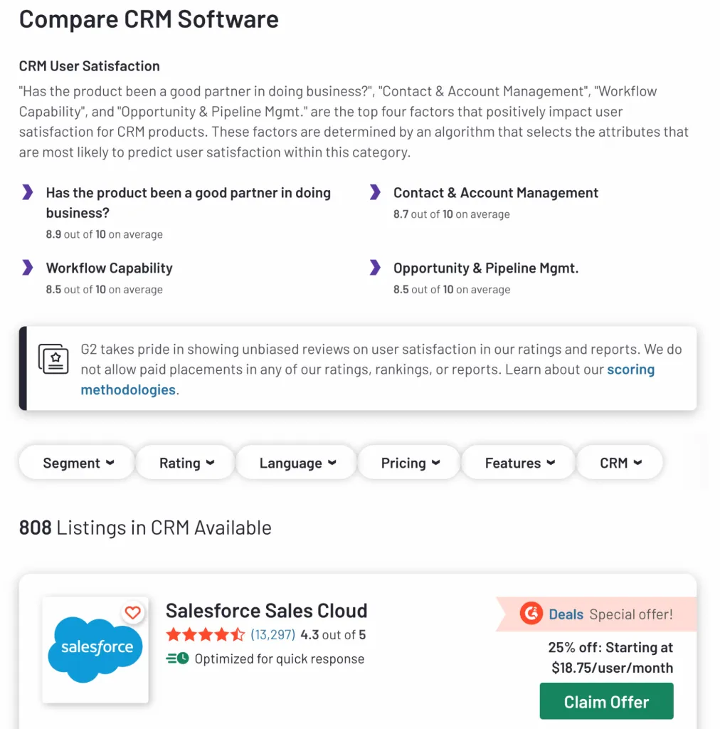 CRM category page on G2