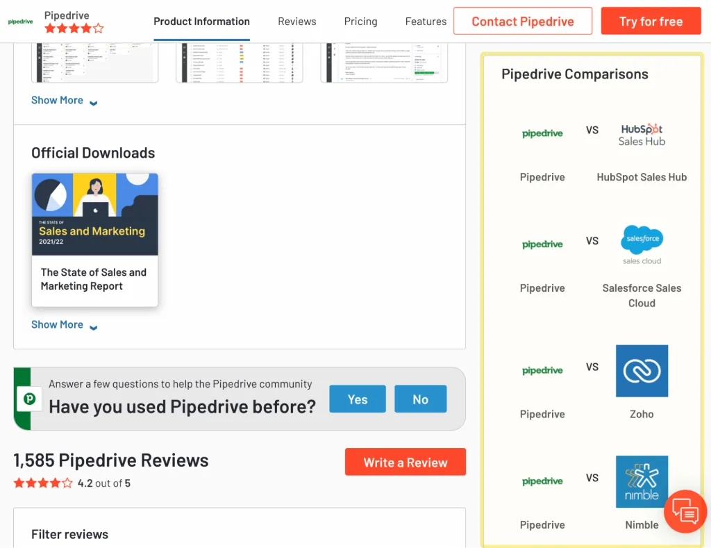 CRM comparison section on a specific brand's page