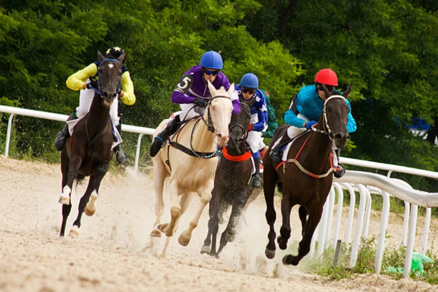 Four horses with riders mounted racing around a track
