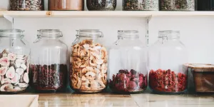 Glass jars for food storage in a kitchen