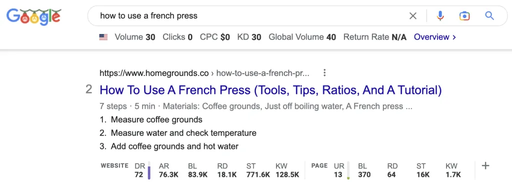Google SERP for how to use a french press