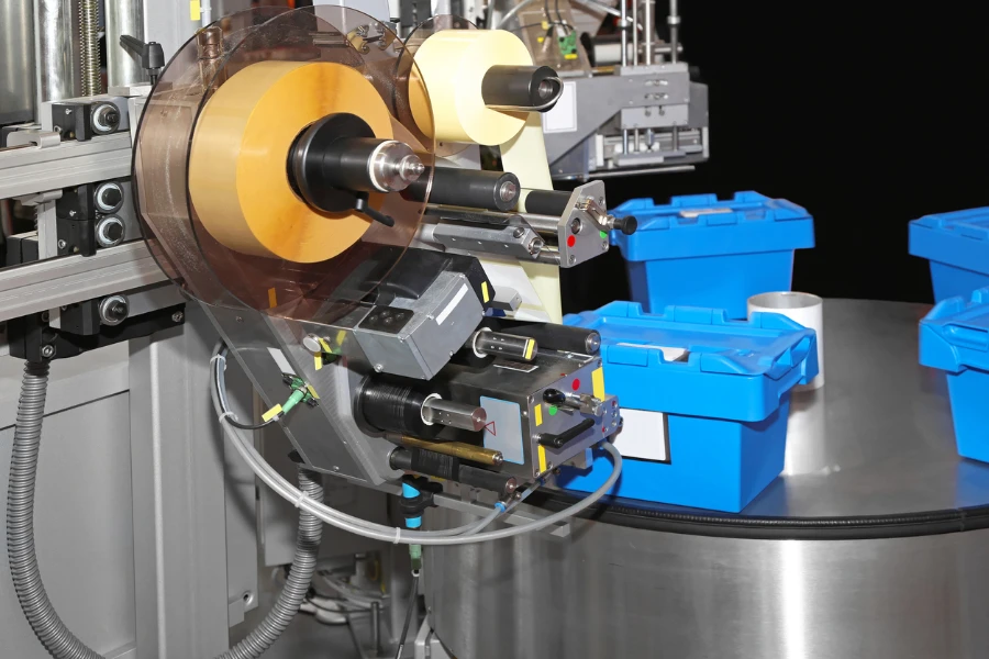 Labeling machine with blue boxes in conveyor belt