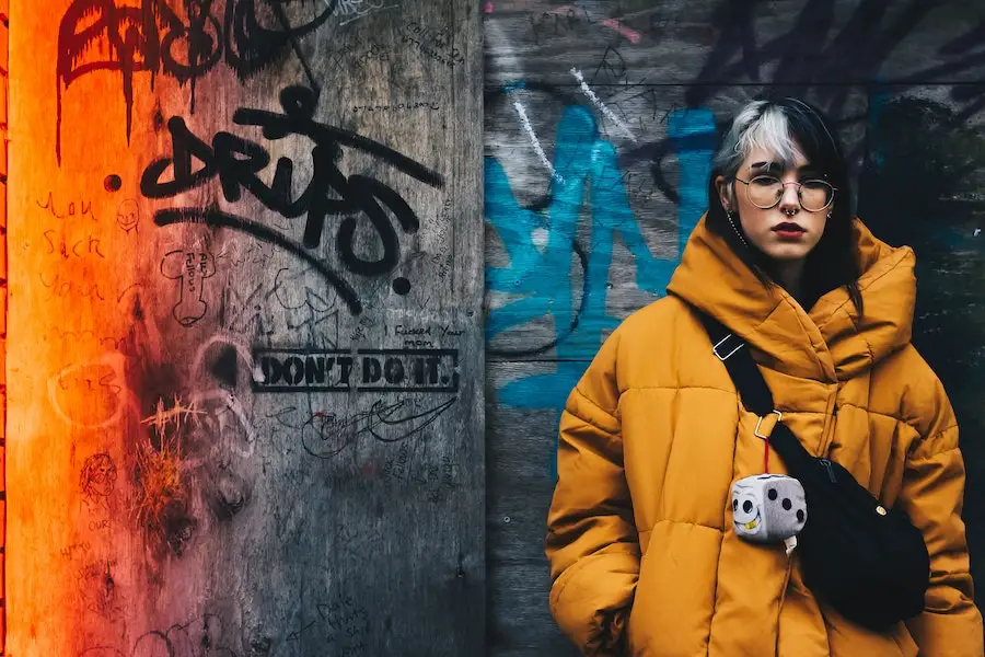 Lady posing in a yellow weatherproof jacket