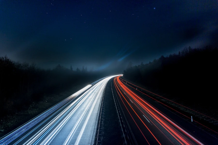 Light trails on the highway at night