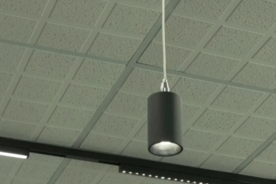 Low-voltage track lighting mounted on a ceiling